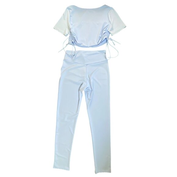 Light Blue Fashion Nova Wrap Top & Matching High-Waisted Leggings Set Size Large - Picture 2 of 5